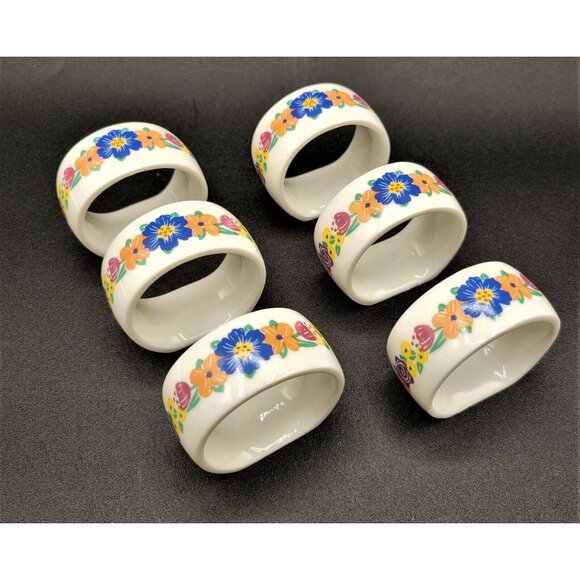 Current Inc Porcelain Napkin Rings Multi-Color Flowers Floral Set of 6 - Picture 2 of 7